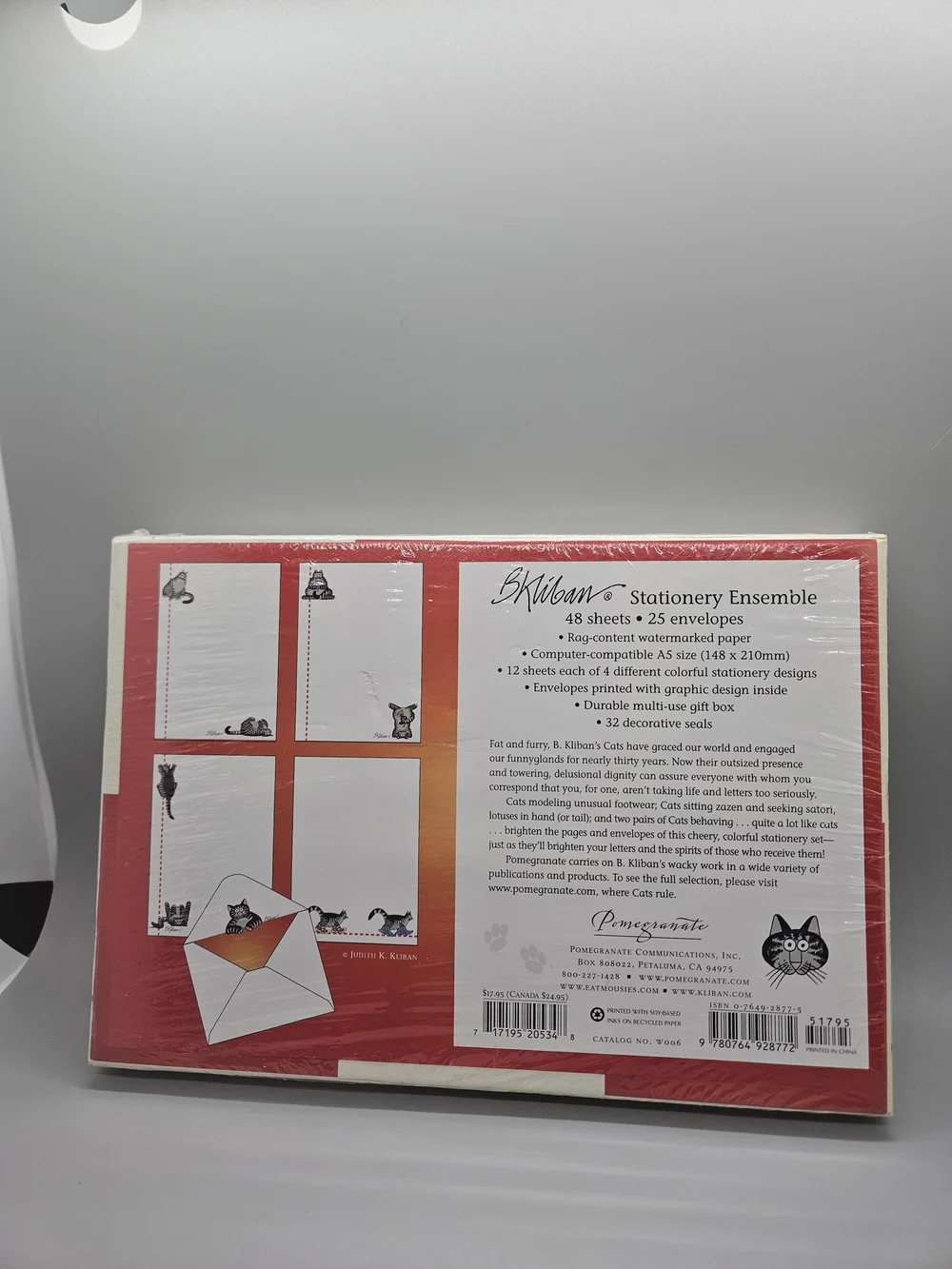 New B Kliban Cat Deluxe Stationery Set Boxed Paper Envelopes Seals Pomegranate